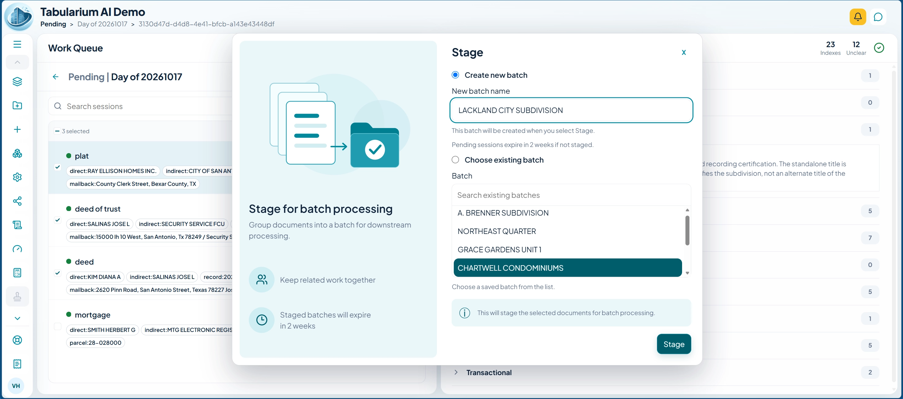 Tabularium AI Title Chain staging selected documents into a batch