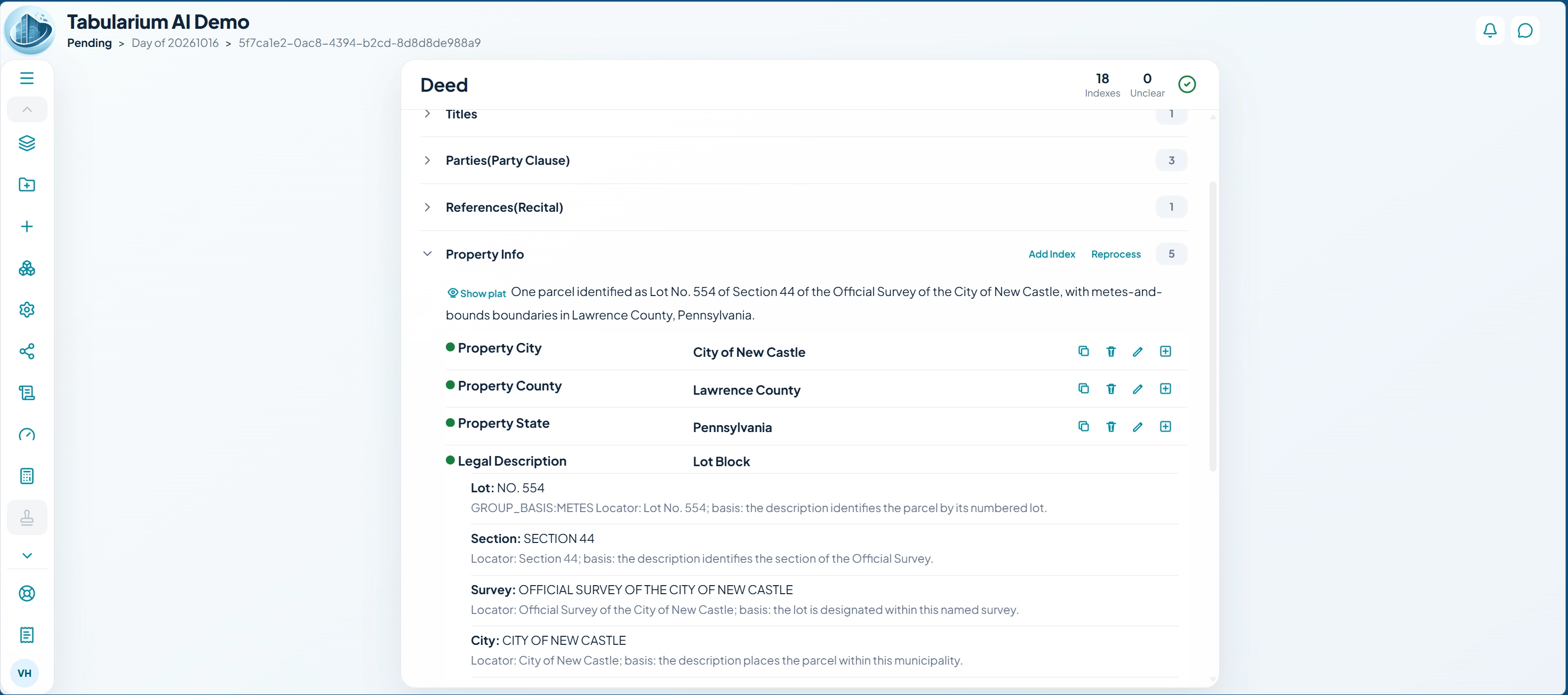 Tabularium AI Index grouped document indexes and property details